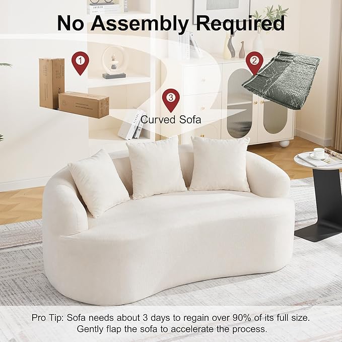 Abbrevi 65" Curved Loveseat Sofa, Deep Seat Love Seat Couches with 3 Throw Pillows, Modern 2 Seater Boneless Curved Couch, Compressed Floor Sofa for Living Room Small Spaces, No Assembly, Beige