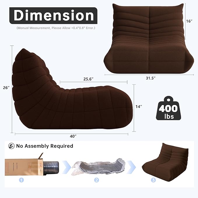 Bean Bag Chairs for Adults, BeanBag Reading Chair Memory Foam Couch, Floor Chair Soft Teddy Material, Comfy Reading Nook Chairs for Bedroom Living Room Office (Brown)