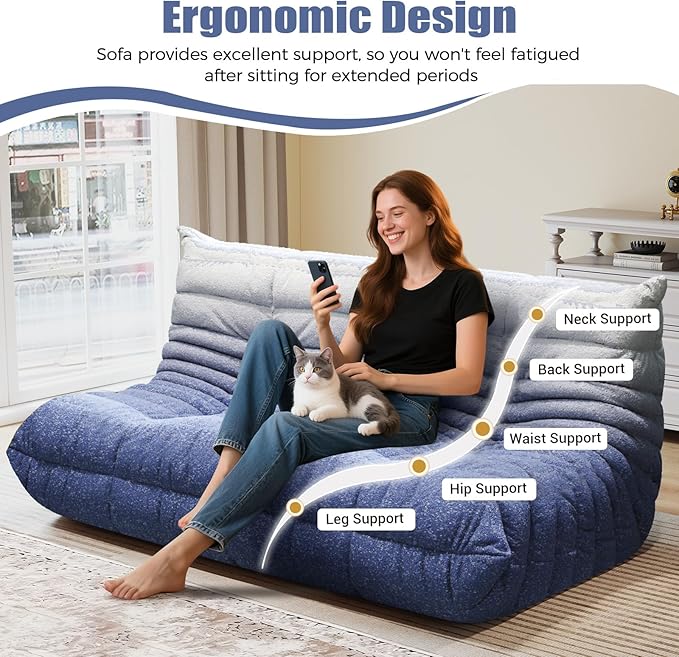Selyteramy 3 Seat Oversized Bean Bag Chairs for Adults, Memory Foam Fireside Beanbag Couch, Comfy Bean Bag Lounger Lazy Sofa for Living Room, Bedroom, Playroom, White + Blue
