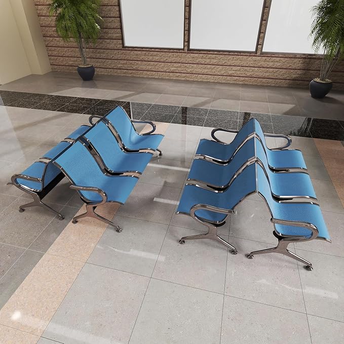 Kinfant 3-Seat Waiting Room Chair - Office Guest Reception Chairs with Ergonomic Backrests, Airport Waiting Bench with Armrests, Metal Waiting Furniture for Hospital, Bank, Salon, (Blue, Set of 4)