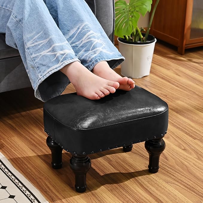 DSGAMER Leather Footrest Wood Ottoman,Rustic Foot Stools Seat, Wood Footstool,Rectangle Footrest Small Ottoman for Bedroom, Living Room, Office，Entrance Hall (Black)