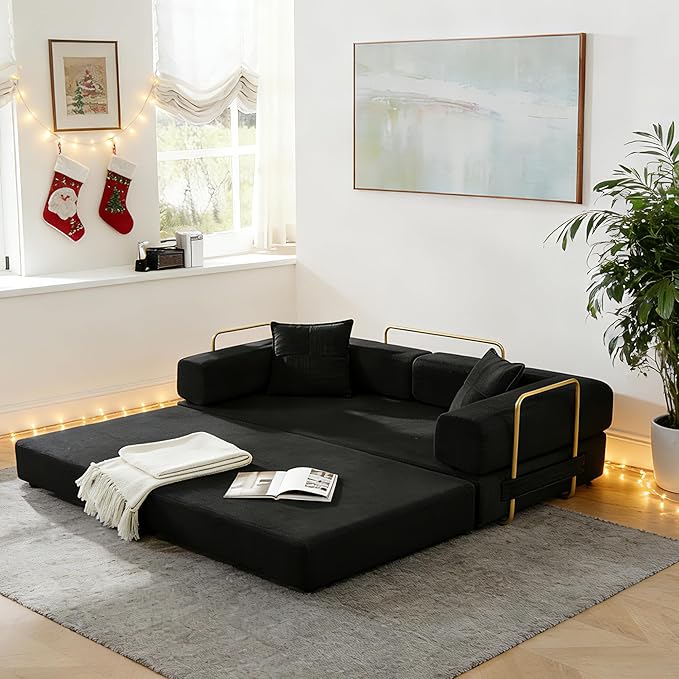 78" Convertible Sleeper Sofa Bed, Corduroy Folding Sofa Bed with Fixed-Shape Frame, Fold Out Floor Mattress Couch, Lazy Compression Sofas for Living Room, Bedroom, No Assembly Required, Black