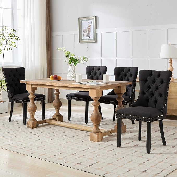 YeahFurn Black Mid Century Modern Dining Chairs Set of 6, Linen Upholstered Kitchen & Dining Room Chairs with Nailhead Trim & Solid Wood Legs, Elegant Sillas De Comedor (Black, 6 Pcs)