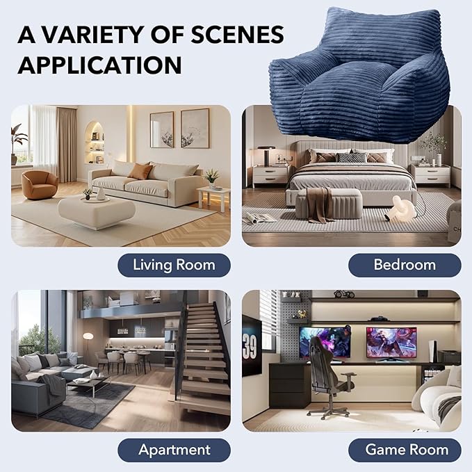 Giant Bean Bag Chair for Adults, Corduroy Upholstered Beanbag Chair with Side Pocket, Comfy Bean Bag Sofa with Portable Handle, Floor Sofa Chair for Bedroom (Blue)