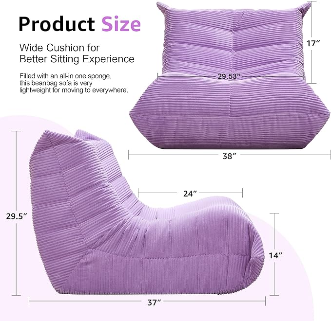 Bean Bag Chairs for Adults Giant Bean Bag Chair Memory Foam BeanBag Chair Bean Bag Sofa with Filler Faux Fur Fireside Beanbags Lazy Sofa for Living Room Bedroom Office (Purple Corduroy, Single)