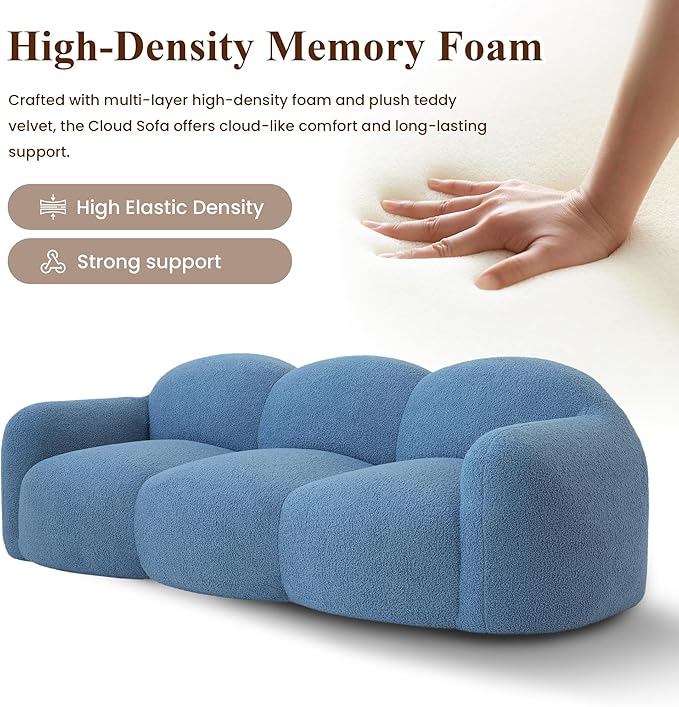 WJShome 90" Modern Curved Upholstered Cloud Couch, Deep Seat 3 Seater Bubble Couch, Cozy Boneless Plush Teddy Velvet Couches for Living Room, Bedroom, Apartment (Blue)