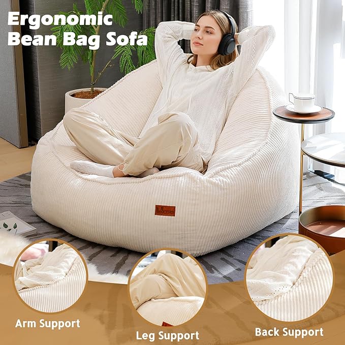 Giant Bean Bag Chair for Adults, Teens and Kids, Cozy Fluffy Corduroy Beanbag Chair with Filler, Large Floor Lounge Sofa for Living Room, Bedroom, Dorm, Gaming and Reading（L-White）