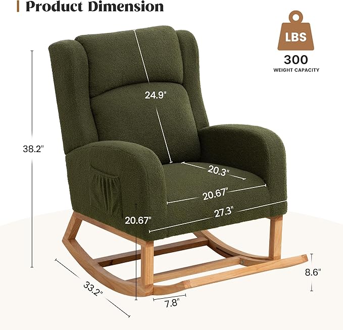 HCHAIRH Rocking Chair Nursery, Nursing Rocking Chairs for Mom Nursery, Comfy Wingback Teddy Glider Rocking Armchair with Foot Rest and Side Pocket for Nursery Living Room Bedroom, Green