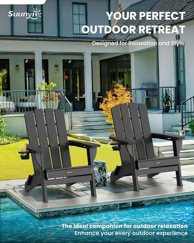 Folding Adirondack Chair 4 Pack, HDPE All-Weather Fire Pit Chairs, Plastic Adirondack Chairs with 2 Cup Holder, Outdoor Lawn Chair for Patio Garden (Black)
