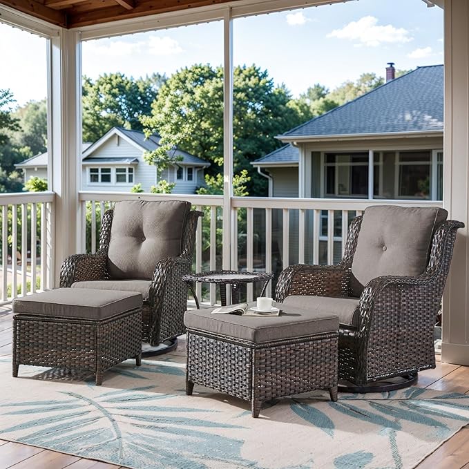 Belord 5 Pieces Patio Furniture Sets Wicker Outdoor Furniture, Rattan Patio Swivel Glider Chairs with 2 Ottoman and Glass Side Table