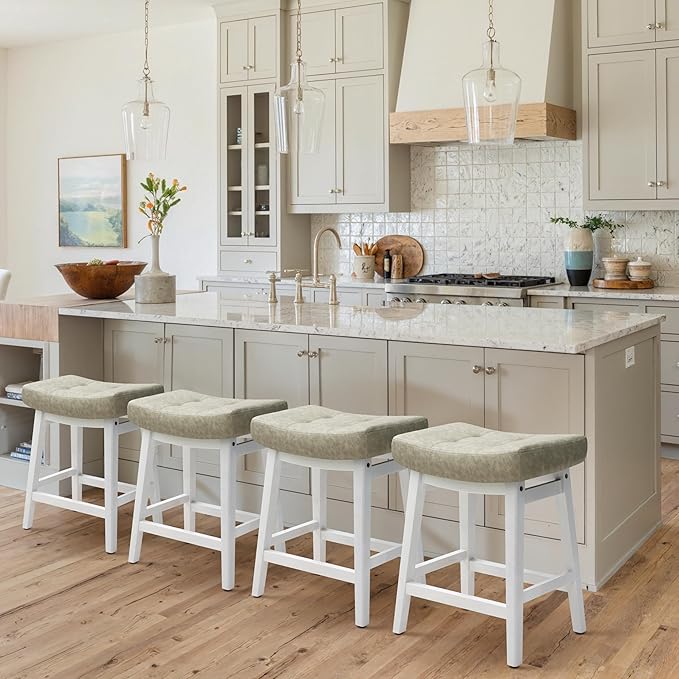 RNKSFX Counter Height Bar Stools Set of 2 for Kitchen Counter Farmhouse Modern Barstools with Faux Leather Upholstered Backless Seat and Solid Wood Legs 24 inch Bar Chairs, Light Grey + White