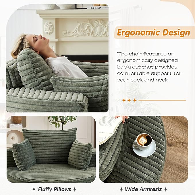 50"W Oversized Round Chaise Lounge Chair Indoor, Upholstered Corduroy Deep Seat Cloud Circle Sofa Chair, Modern Fluffy Comfy Floor Reading Armchair for Living Room, Bedroom, No Assembly Required,Green