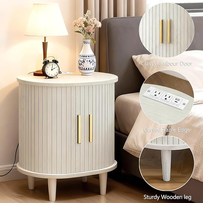 DHH Mid Century Modern Nightstand with Charging Station, Fluted Accent Side Table with Sliding Door & Adjustable Shelf, End Table for Small Space, Living Room, Bedroom,Sofa Couch(1, White)