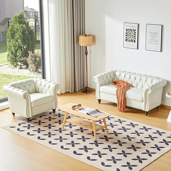 QHITTY Accent Sofa, Chesterfield Loveseat Modern Faux Leather Couch Upholstered Sofa with Tufted Back for Living Room Furniture (White)