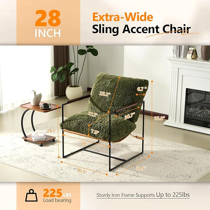 VINGLI 28" Wide Plush Upholstery Sling Modern Accent Chair Set of 2, Cute Reading Armchair with Removable Seat Cushion & Tan Microfiber Seat Base, Lazy Chair for Bedroom & Lounge,Olive Green