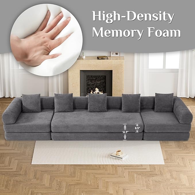 DAMAIFROM 157" Convertible Sleeper Sofa Bed Set with Pillow, 4-in-1 Corduroy Folding Mattress Boneless Couch with Fixed-Shape Frame, Fold Out Floor Sofa Cama Lounge Couch for Living Room, Grey