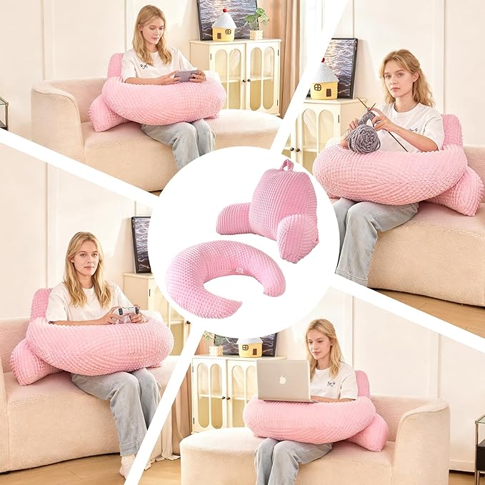 PAJEO Reading Pillow for Bed,U Shaped & Back Support Pillow for Bed,17" Backrest with Lumbar & Arm Support,Comfy Flannel Fabric,Lap Pillow for Gaming/Reading/Watching TV,Pink