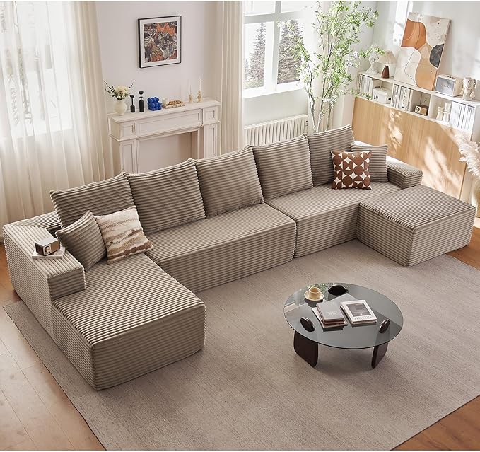Lakifun 166.9" L-Shape Sofa with Ottoman, Modern Modular Sectional Comfy U-Shape Cloud Couch, Deep Seat, Upholstered Corduroy Sleeper Chaise Longue for Living Room Bedroom, No Assembly Required, Camel