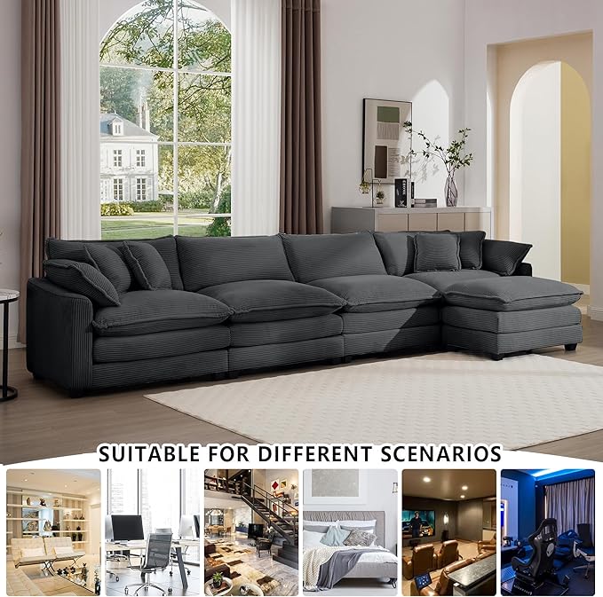 Aoowow Corduroy 4 Seater Cloud Couch with Ottoman,Modern Cloud Couches for Living Room,Modular Sectional Cloud Sofas with Deep Seat,Oversized Tufted L-Shaped Sofa Set. (Grey, 4 Seater + 1 Ottoman)