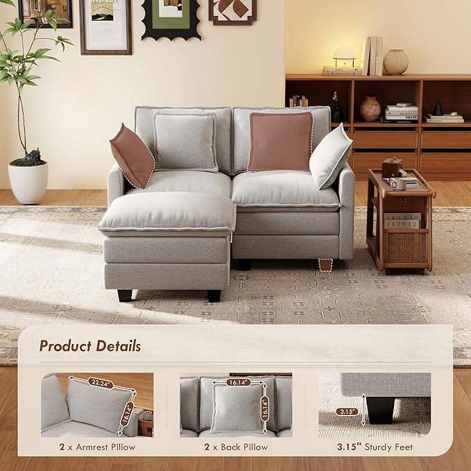 Ihanherry 57" L Shaped Modular Sectional Cloud Sofa, Modern 3 Seat Chenille Couch with Ottoman for Living Room, Bedroom and Apartment, Grey