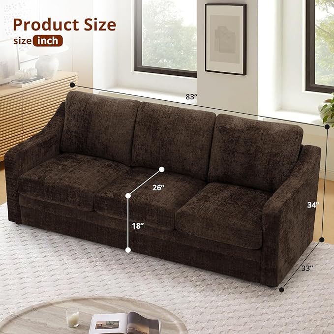 ACMEASE 83 Inches Chenille 3-Seat Sofa w/Comfortable Back Cushions, Modern Sofa w/Deep Seat Space, Upholstered 3 Seater Couch w/High Resiliency Foam for Living Room, Brown