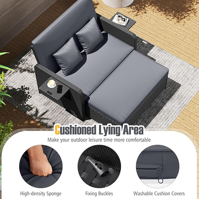 RELAX4LIFE Wicker Patio Outdoor Daybed - Rattan Day Bed Lounger w/Loveseat & Storage Ottoman, Sunbed Sofa Set w/Cushions, 4-Level Adjustable Backrest & 2 Retractable Trays, Patio Daybed (Grey-Black)