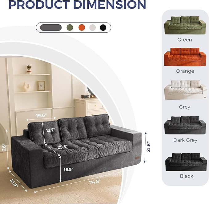 MAXYOYO Boneless Sofa Couch, Loveseat Sofa for Small Space, Tufted 3-Seater Floor Couch Bean Bag Chair for Living Room Bedroom Apartment, Sofa in a Box, No Assembly Needed, Dark Grey
