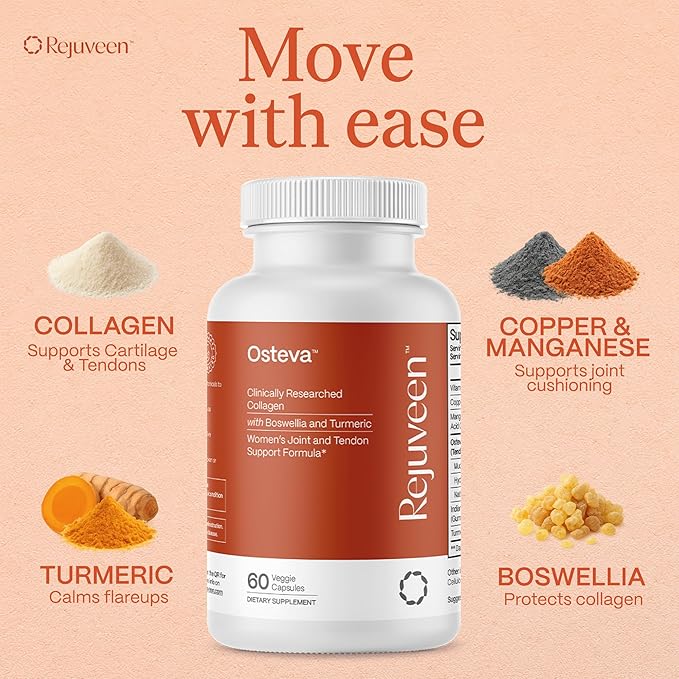 Rejuveen Osteva Joint Support Supplement for Women | High Potency Collagen, Turmeric, Boswellia | for Flexible Cartilage & Tendons, Resilient Knees & Hip, Improved Mobility | Non-GMO, 60 Ct