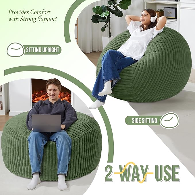Homguava 3 FT Bean Bag Chair,3' Big Bean Bag,Large Bean Bag Chairs for Adults with Memory Foam Filled,Comfy Beanbag Chairs Soft Bean Bag Sofa with Dutch Corded Plush Cover-Green