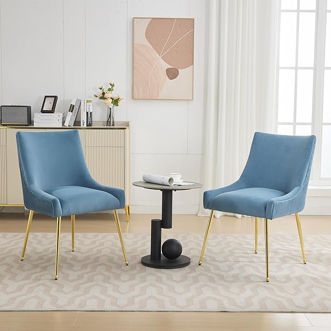 WUTUTUEE Velvet Dining Chairs Set of 6 Gold Legs,Upholstered Velvet Accent Chairs, Pleated Back Design & Gold Pull Handle, Mid Century Modern Chairs for Dining/Kitchen/Living Room,Light Blue