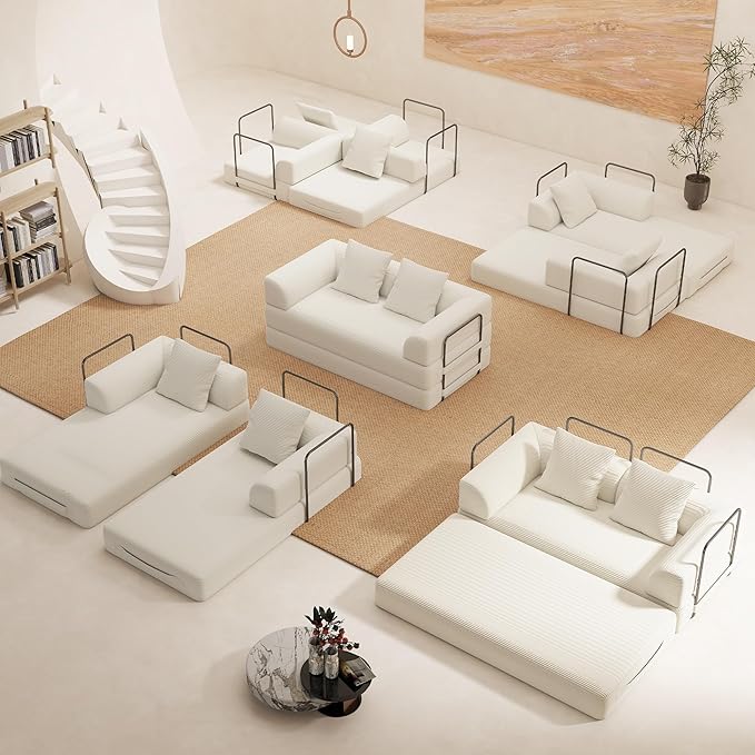 Cloud Boneless Convertible Floor Sofa Bed, 70" 4-in-1 Foldable Compressed Loveseat Lounge Sleeper 2 Seater Couches, High-Density Sponge & Corduroy Fabric Futon Daybed for Living Room Bedroom(Beige)