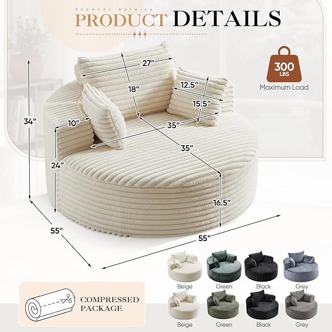JEEOHEY Modern Round Accent Sofa Chair for Living Room, Upholstered Corduroy Barrel Lounge Arm Chair with Large seat&Throw Pillows for Bedroom, Office, Apartment, Beige