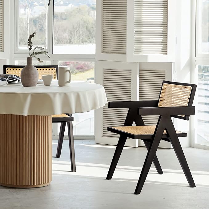 Cane Dining Chairs Set of 4, Rattan Kitchen Chairs Black for Dining Room with Armrest