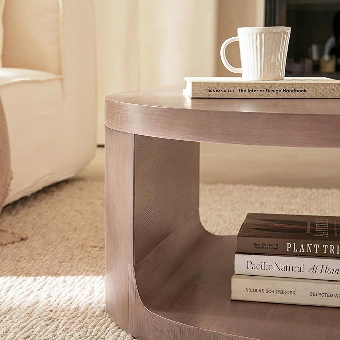 Veihaus Round Coffee Table with Storage, 31.5" Modern Living Room Table, 2 Tier Circle Wood Center Tables for Apartment, Living Room, Open-Style Storage Coffee Tables, 31.5"*15.7" (Dusty Pink)