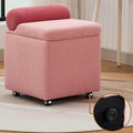 Boucle Vanity Chair with Storage, Swivel Vanity Stool with Safety Hinge, Upholstered Makeup Chair with Wheels, Square Ottoman Stool for Living Room, Dressing, Bedroom, Pink