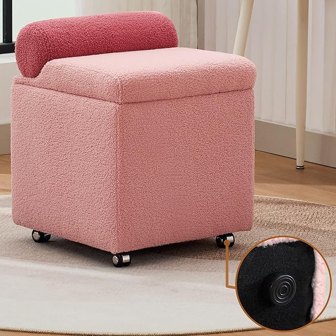Boucle Vanity Chair with Storage, Swivel Vanity Stool with Safety Hinge, Upholstered Makeup Chair with Wheels, Square Ottoman Stool for Living Room, Dressing, Bedroom, Pink