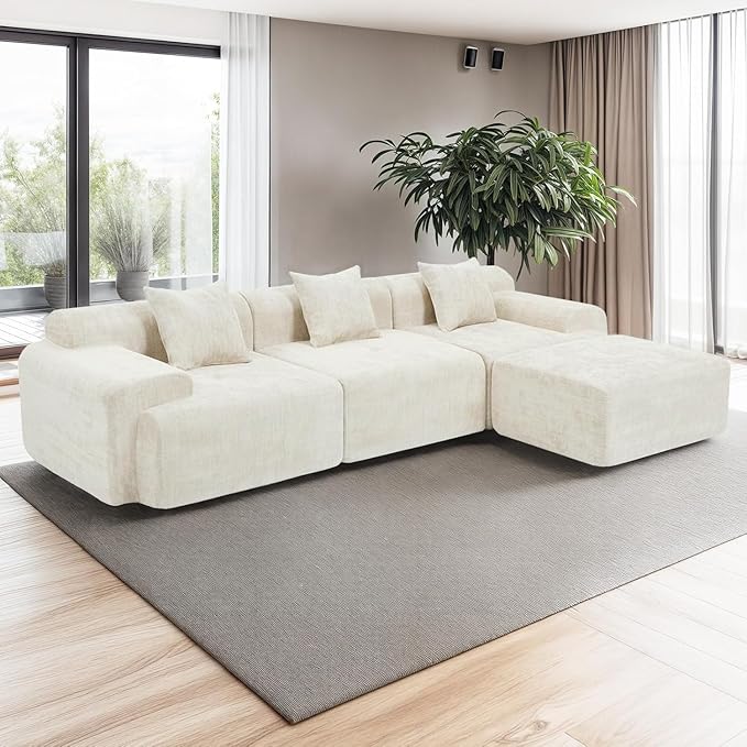 119’’ Modular Compression Sofa, L-Shaped Cloud Sectional Couch with Chaise & Deep Seating, Modern Upholstered Living Room Couch with Removable Pillows, Easy Expand Design, Beige Chenille Fabric