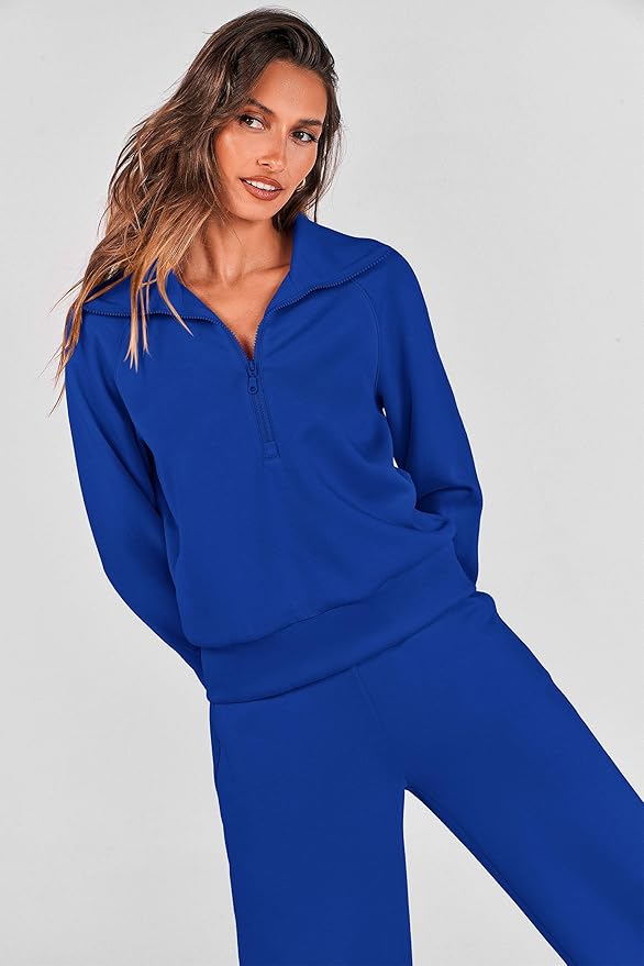 PRETTYGARDEN Women's 2 Piece Outfits Casual Lapel Half Zip Sweatshirts and Wide Leg Pants Tracksuit Sets