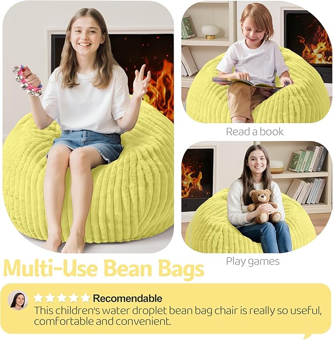 Homguava 2FT Bean Bag Chair, 2' Small Bean Bags with Memory Foam Filled, Beanbag Chairs with Machine Washable Cover Dutch Corded Plush Cover for Classroom,Living Room,Bedroom-Yellow