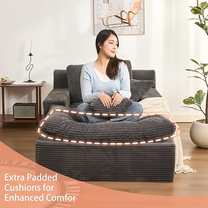 63" Oversized Boneless Chaise Lounge Chair, Extra Cloud Layer, Convertible Sleeper Sofa Couch with Removable Pillows & Side Pockets, Corduroy Upholstered Sofa Bed with Armrests for Living Room, Grey