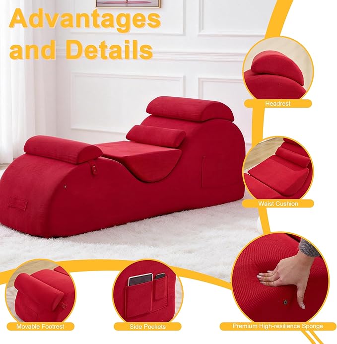 DRMBOOK Yoga Chairs for Adults, Corduroy Fabric Chaise Lounge with Headrest, Boneless Yoga Sofa Couch with Waist Cushion, Movable Footrest, Side Pockets for Relaxation Exercise Stretching (Red)