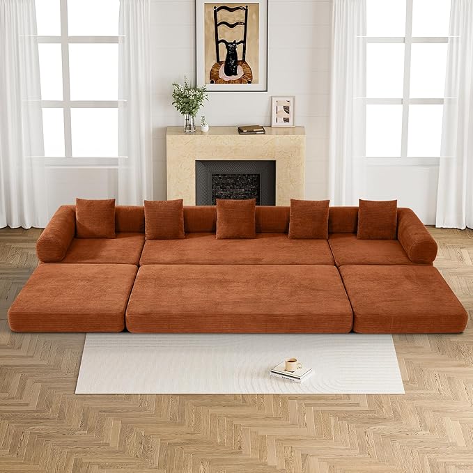 DAMAIFROM 157" Convertible Sleeper Sofa Bed Set with Pillow, 4-in-1 Corduroy Folding Mattress Boneless Couch with Fixed-Shape Frame, Fold Out Floor Sofa Cama Lounge Couch for Living Room, Orange