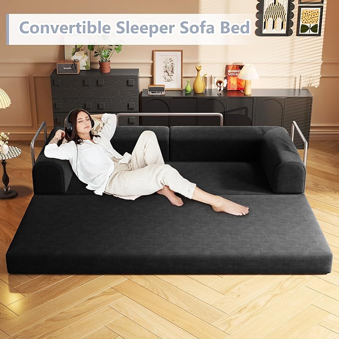 Convertible Sleeper Sofa Bed Boneless Cloud Comfort Black Futon Couch for Lounging & Sleeping, Removable & Washable Corduroy Sofa Cover, Floor Sofa Folding Mattress for Guests, Small Spaces