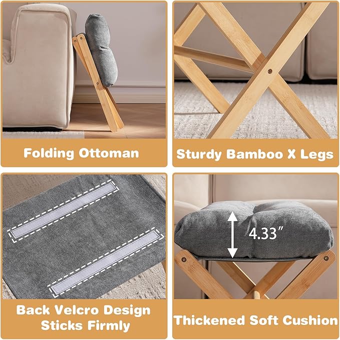 Folding Upholstered Footrest Stool, Small Accent Ottoman with Thick Cotton Cushion & Bamboo X Legs, Modern Padded Sofa Stool for Makeup Bedroom Living Room, Grey