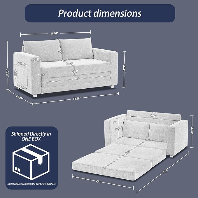 Chorlenimi Convertible Sofa Bed Comfy Linen Sleeper Sofa with Storage Pockets,USB Charging Port,Futon Floor Couch for Living Room,Bedroom,Apartment (Blue, 48 Inches)