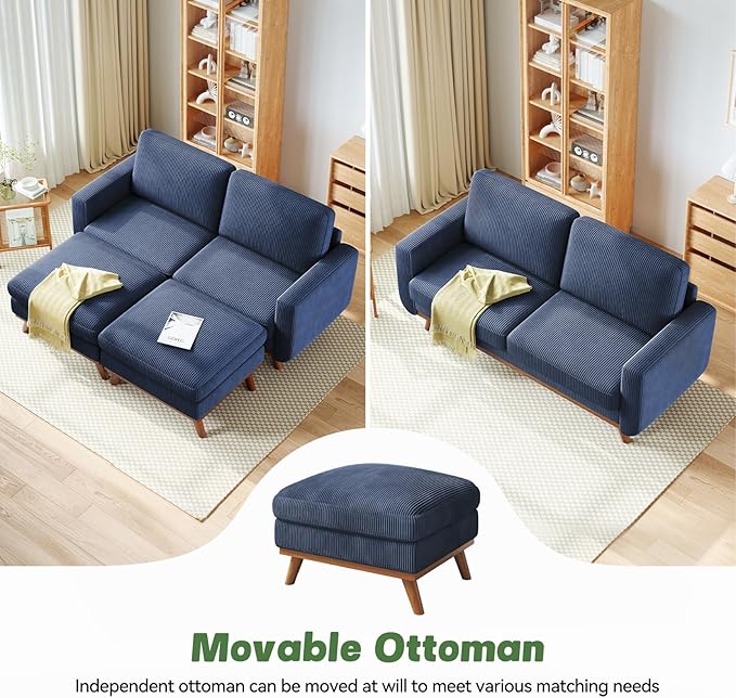 Vesgantti 68" Loveseat Sofa with Movable Ottoman, Comfy Corduroy Couch with Spring Cushion, Sofa Couch with Solid Wood, Modern Office Sofa with Deep Seat for Living Room and Bedroom, Dark Blue