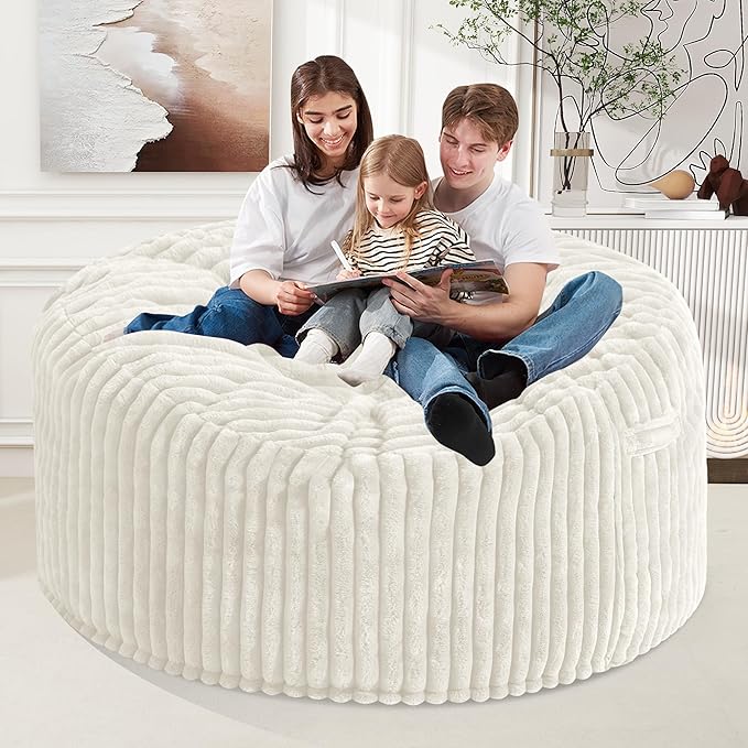 Homguava 5 FT Bean Bag Chair,5' Big Bean Bag,Giant Bean Bag Chairs for Adults with Memory Foam Filled,Comfy Large Beanbag Chairs Soft Bean Bag Sofa with Dutch Corded Plush Cover-White