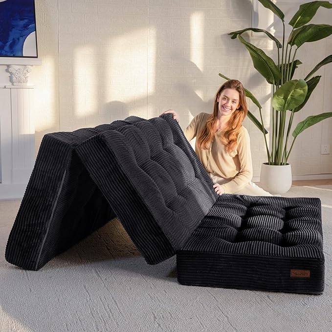 MAXYOYO Tri-Fold Mattress, 6 Inch Tufted Folding Futon Foam Bed, Foldable Floor Mattress Guest Bed Futon Topper Portable Camping Sleeping with Corded Fabric, Black, 35.4"x75"