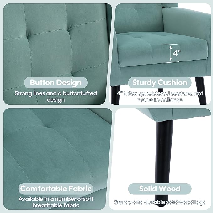 OO BY ORANGE ONLINE Velvet Accent Chair, Mid-Century Modern Tufted Armchair for Living Room, Bedroom & Office (Seafoam Green)