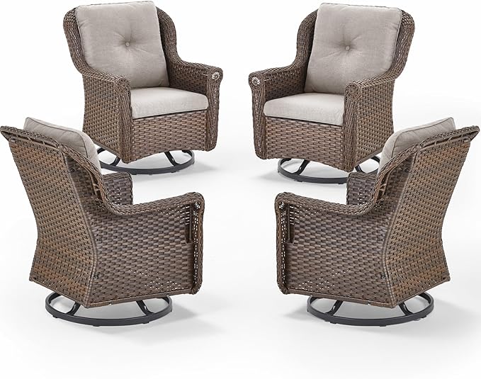 ACTREST Patio Chairs Outdoor Swivel Glider - Set of 4 High Back Outside Brown Wicker Rattan Rocking Chair with Thick Cushion for Porch Apartment Deck Yard Poolside Garden - Beige